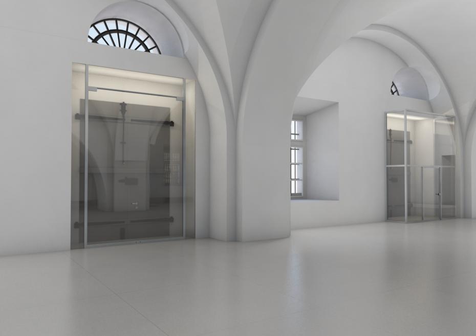 Visualization of an interior with large glass gates and tall windows with arched frames.