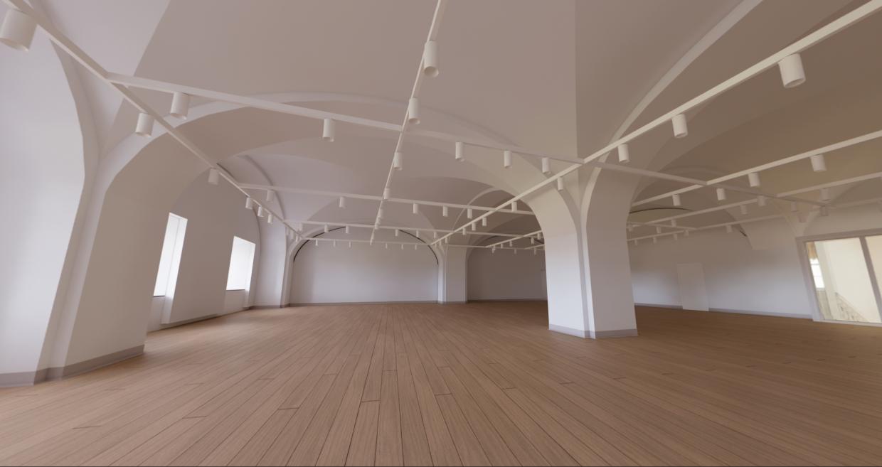 Visualization of a bright exhibition space with wooden flooring and ceiling lighting system.