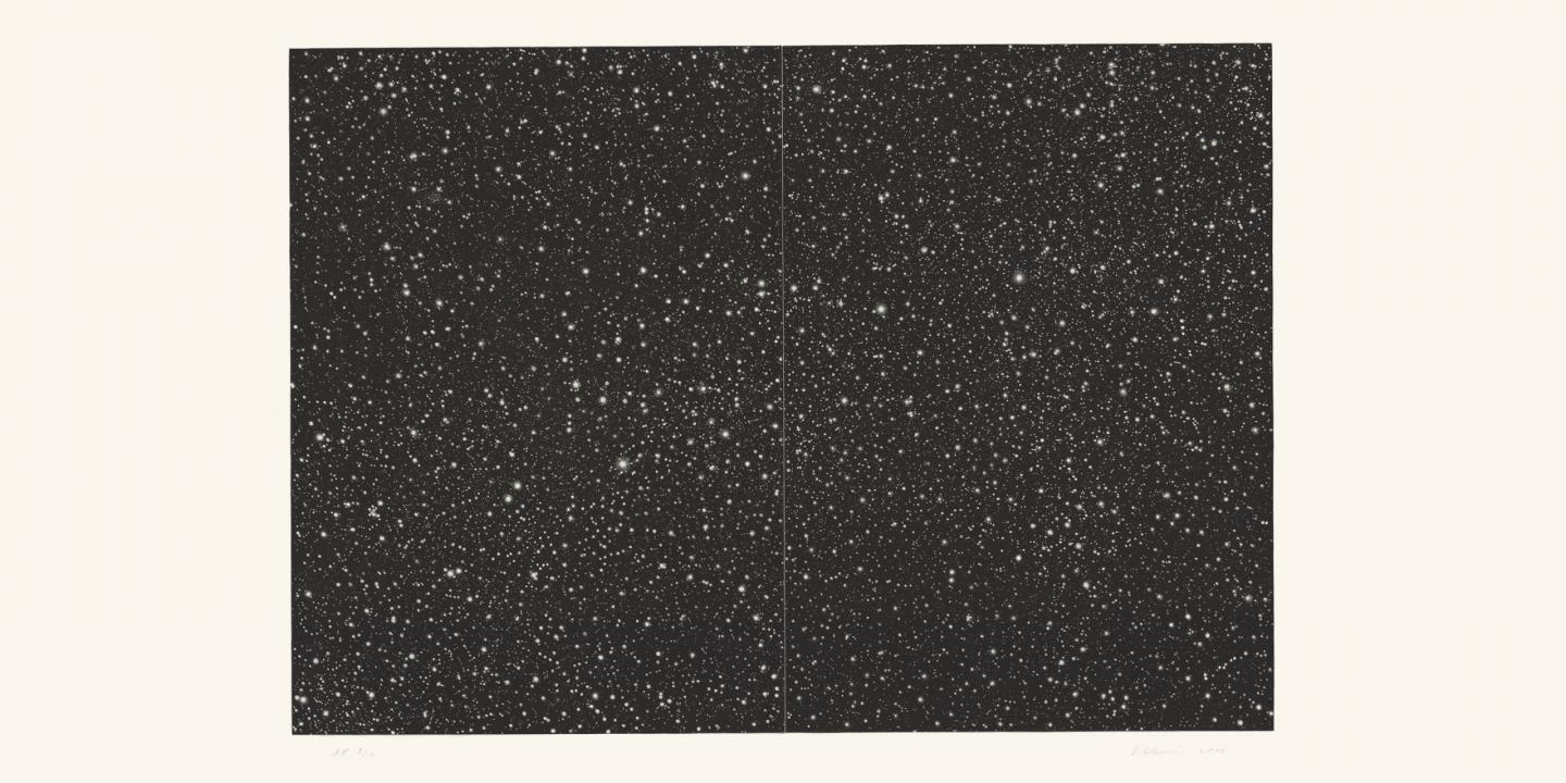 Black-and-white artwork featuring thousands of small dots creating a pattern reminiscent of a starry sky.