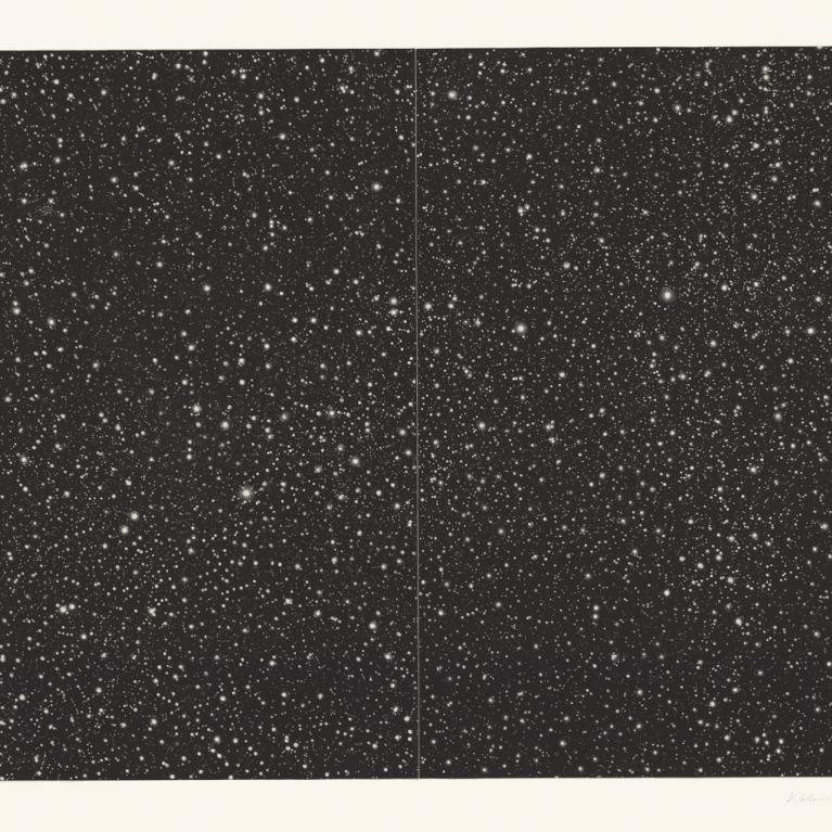 Black-and-white artwork featuring thousands of small dots creating a pattern reminiscent of a starry sky.