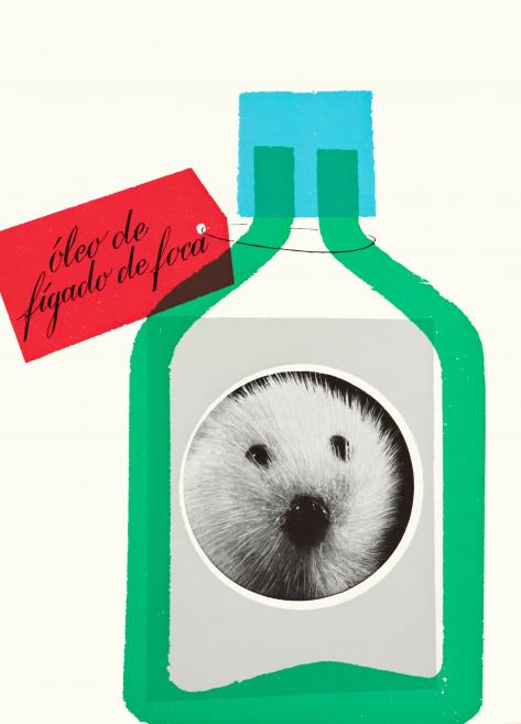 Roche Graphics Department. Arovit. &Oacute;leo de f&iacute;gado de foca [Seal liver oil]. Lisbon. 1963. Paper, offset print, cut-out. Roche Archives, Basel, Switzerland. Publicity photo