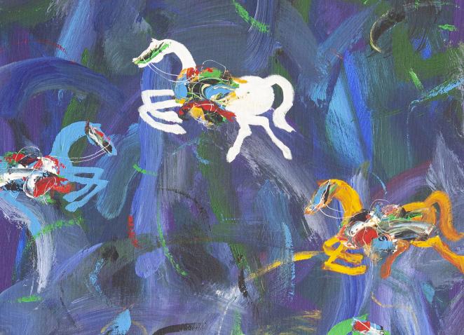 Abstract painting with expressive brushstrokes depicting horses in motion against a vivid red background.