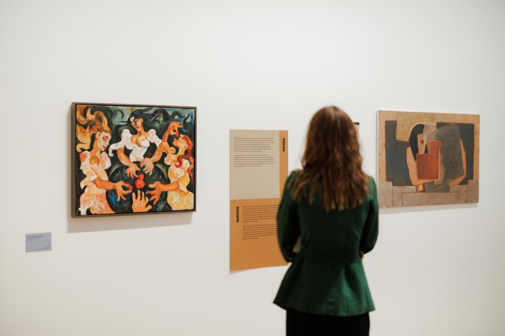 In a museum gallery, a woman seen from behind stands before a wall with two abstract paintings and exhibition text panels.