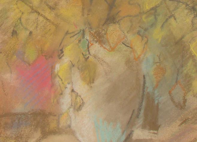 Aleksandras Beļcovas glezna “Rudens klusā daba” (1950.–1960. gadi), kurā attēlota vāze ar dzeltenām lapām.