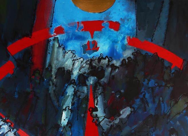 Hasan Pekmezci glezna “Ey Zaman” (2013), abstrakts darbs ar zilām un zaļām krāsām, sarkanām līnijām un ciparu “12” centrā.