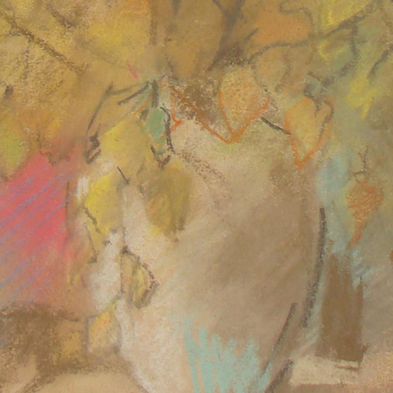 Aleksandras Beļcovas glezna “Rudens klusā daba” (1950.–1960. gadi), kurā attēlota vāze ar dzeltenām lapām.