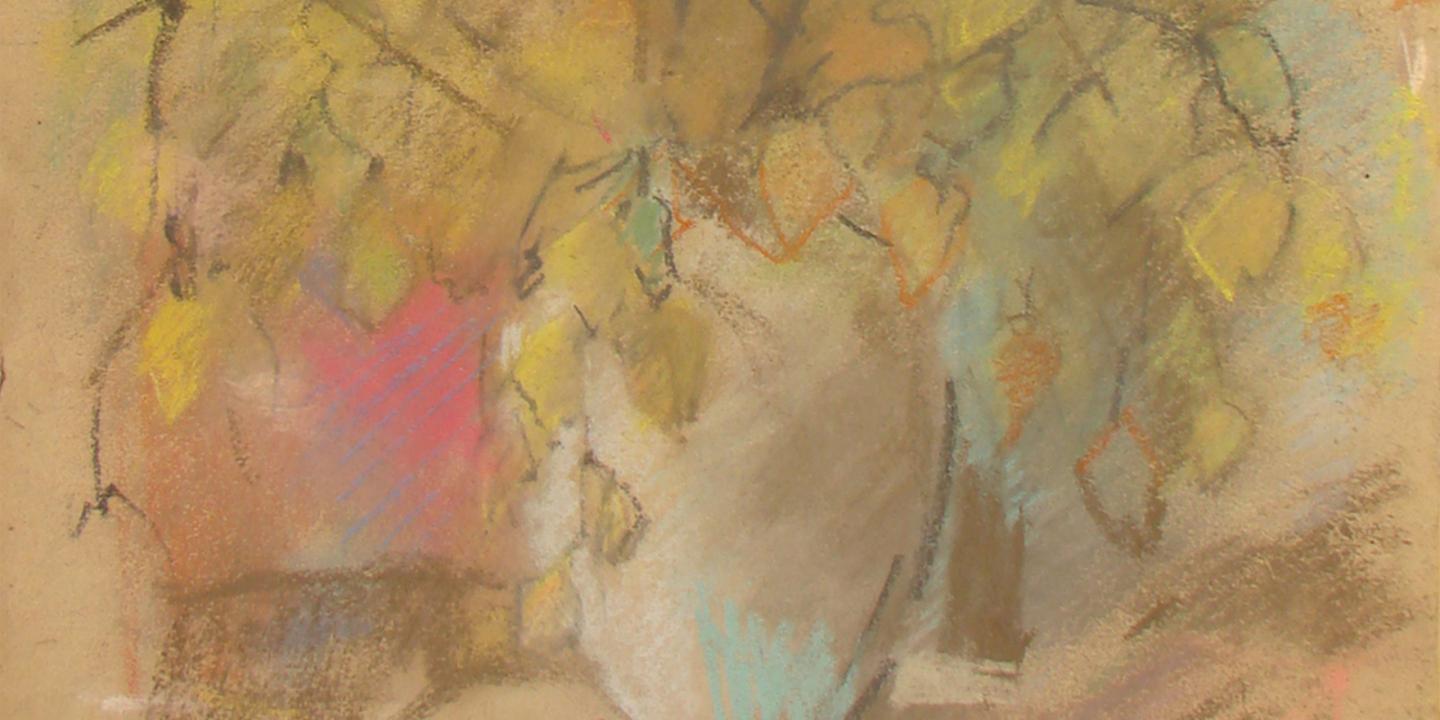 Aleksandras Beļcovas glezna “Rudens klusā daba” (1950.–1960. gadi), kurā attēlota vāze ar dzeltenām lapām.