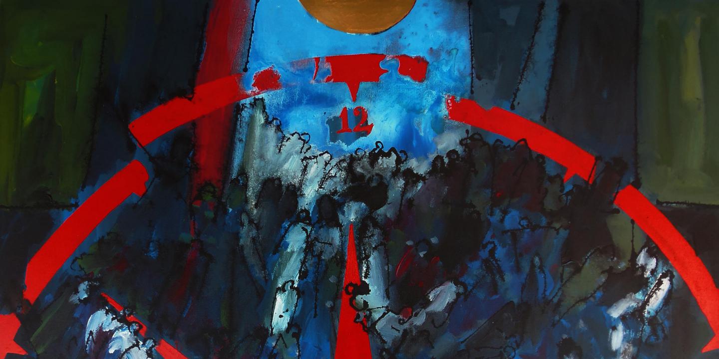 Hasan Pekmezci glezna “Ey Zaman” (2013), abstrakts darbs ar zilām un zaļām krāsām, sarkanām līnijām un ciparu “12” centrā.