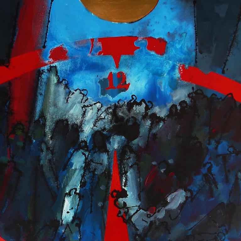 Hasan Pekmezci glezna “Ey Zaman” (2013), abstrakts darbs ar zilām un zaļām krāsām, sarkanām līnijām un ciparu “12” centrā.