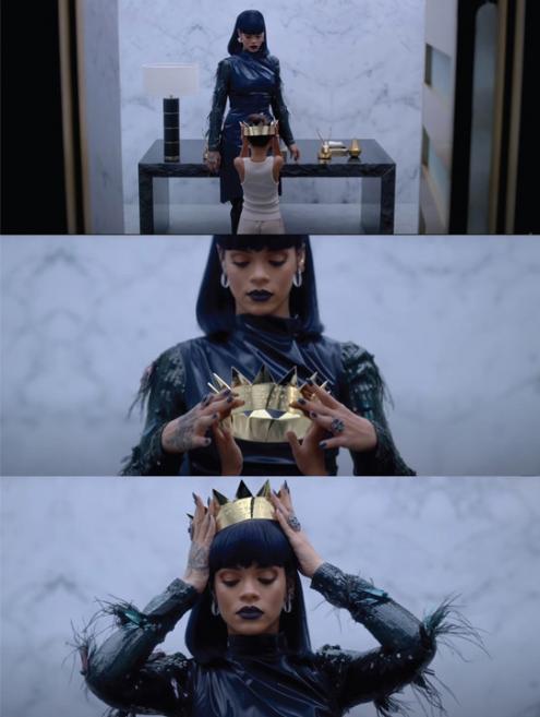 Model in three views with a crown on her head.