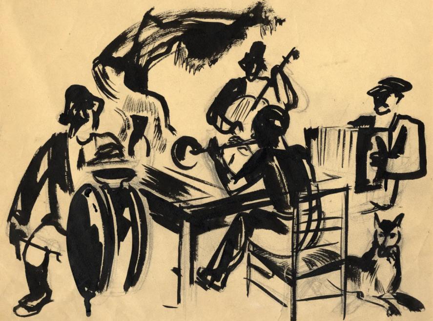 Ar melnu tinti uzzīmēta muzikantu grupa pie galda ar stīgu instrumentiem, fonā redzama liela tumša dzīvnieka figūra un apakšējā labajā stūrī sēž suns.