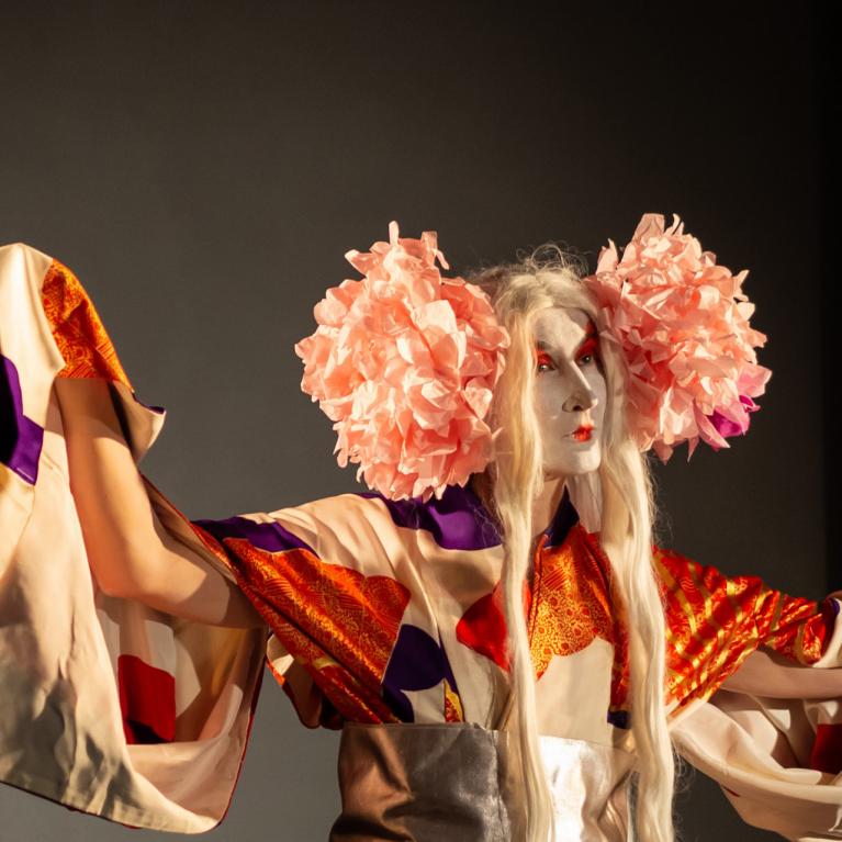 Performance artist in an elaborate costume with theatrical makeup on stage.
