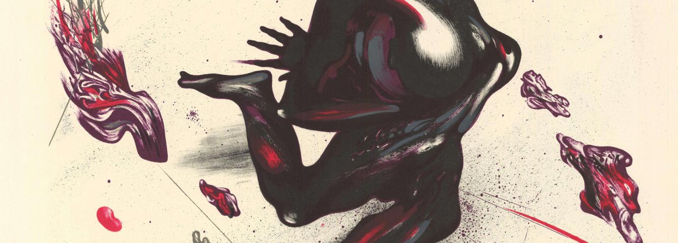 An abstract, expressive composition featuring biomorphic dark forms against a light background. Flowing, organic shapes are accented with red and violet tones, splashes, and dynamic lines, creating a sense of movement, tension, and emotional intensity.