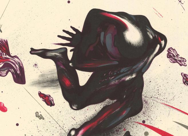 An abstract, expressive composition featuring biomorphic dark forms against a light background. Flowing, organic shapes are accented with red and violet tones, splashes, and dynamic lines, creating a sense of movement, tension, and emotional intensity.