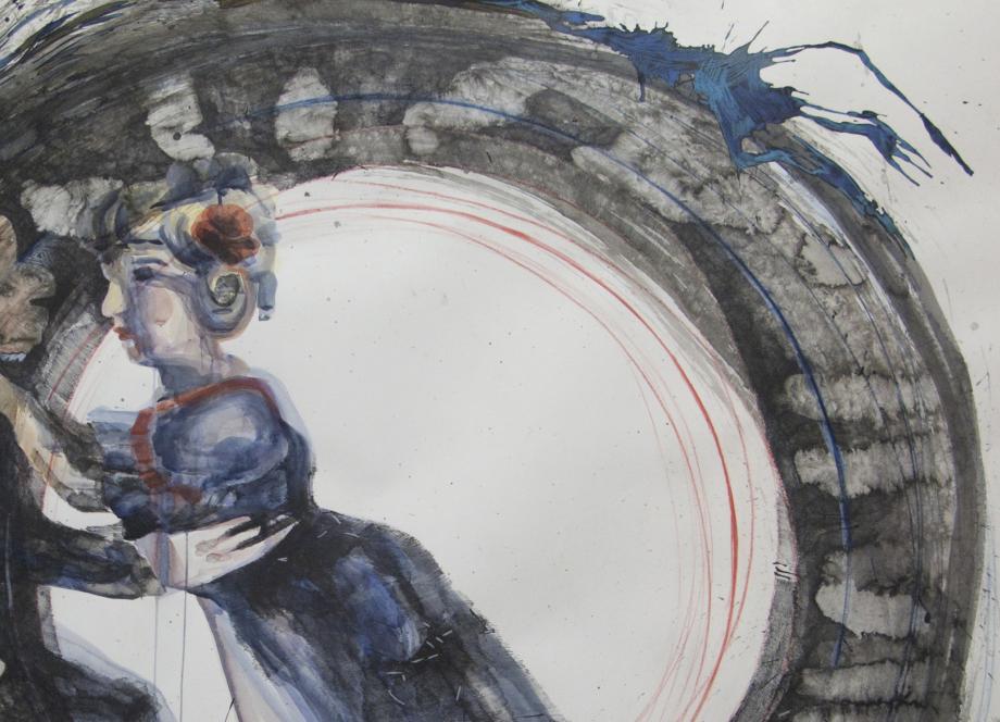 Watercolor and ink artwork showing a stylized female figure in profile surrounded by a large dark arc and colored lines on a white background.