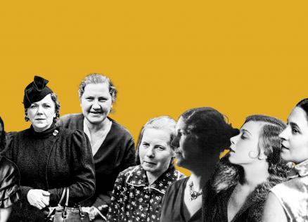 Uz spilgti dzeltena fona rindā izkārtoti melnbalti dažādu laikmetu sieviešu portreti, attēlojot atšķirīgus stilus un pozas.