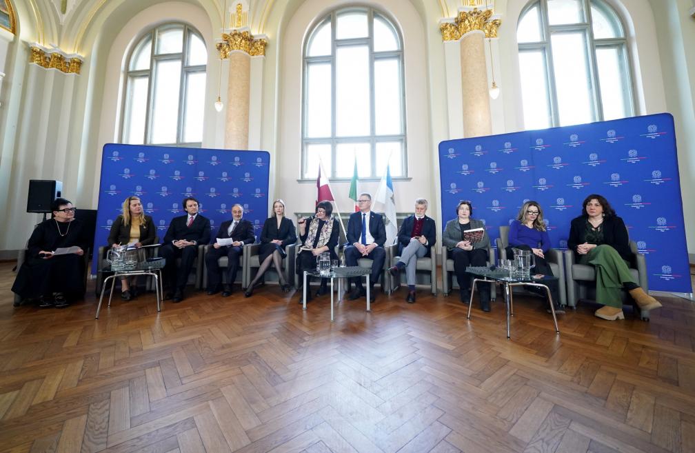 Preses konference Latvijas Nacionālajā mākslas muzejā 06.03.2025., kurā prezentēja divas nozīmīgas izstādes no Itālijas. Foto: Edijs Pālens / LETA