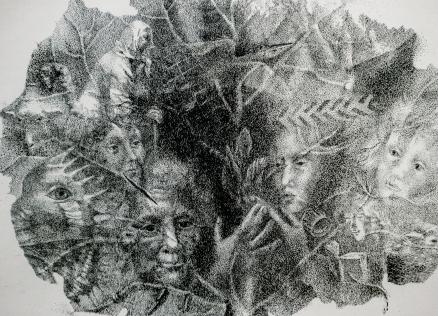 Melnbalts punktējuma tehnikā veidots zīmējums ar saplūstošām cilvēku sejām un figūrām, kas veido blīvu, sapņainu kompozīciju.