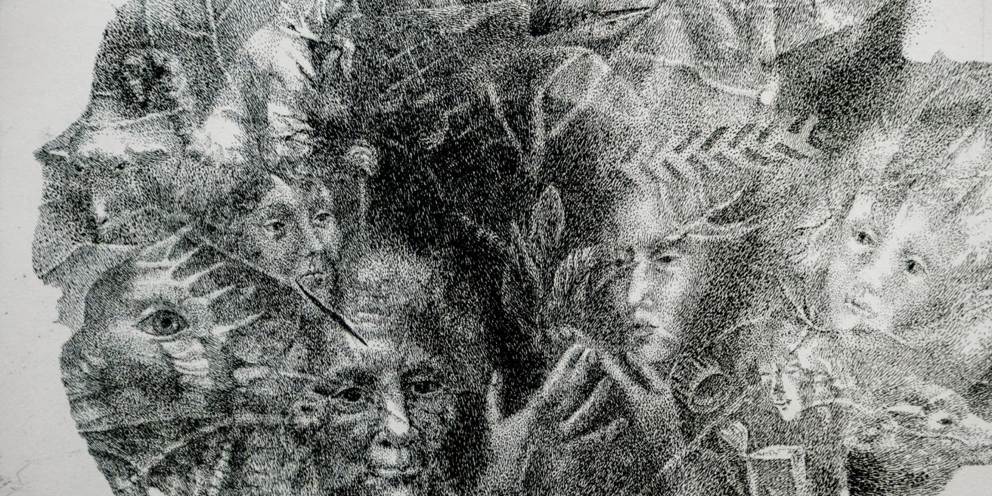 Melnbalts punktējuma tehnikā veidots zīmējums ar saplūstošām cilvēku sejām un figūrām, kas veido blīvu, sapņainu kompozīciju.