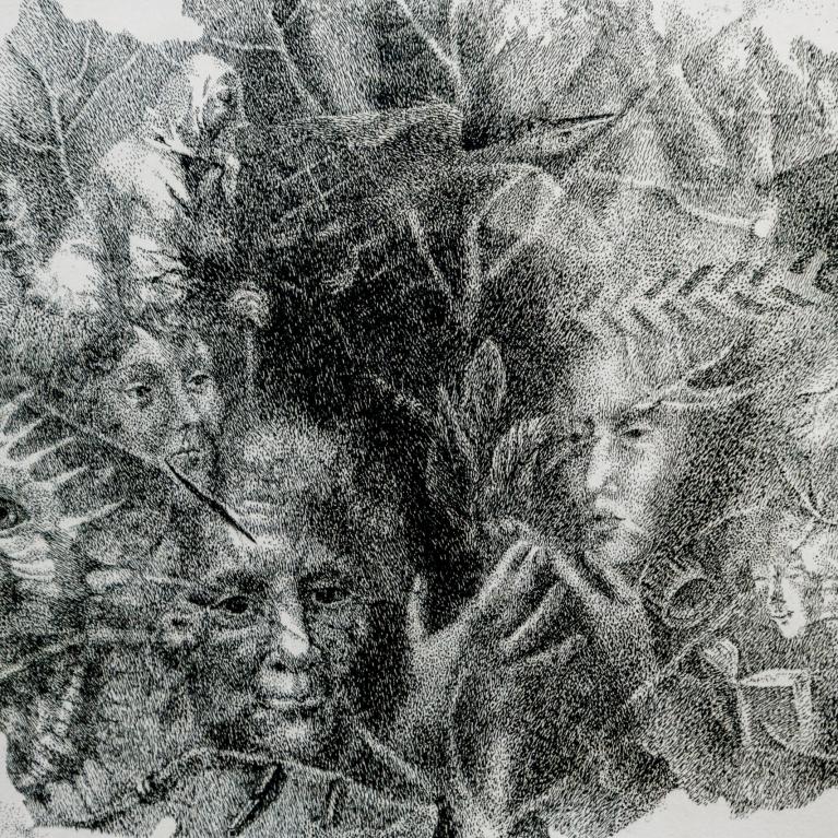 Melnbalts punktējuma tehnikā veidots zīmējums ar saplūstošām cilvēku sejām un figūrām, kas veido blīvu, sapņainu kompozīciju.