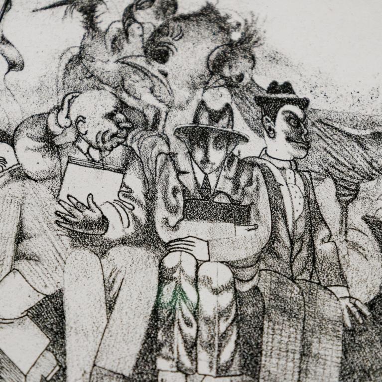 Melnbalts zīmējums ar stilizētiem tēliem – vairāki cilvēki un fantāzijas radības cieši sagrupēti, viens tur karodziņu, cits grāmatu, bet centrā redzama maskveidīga seja.