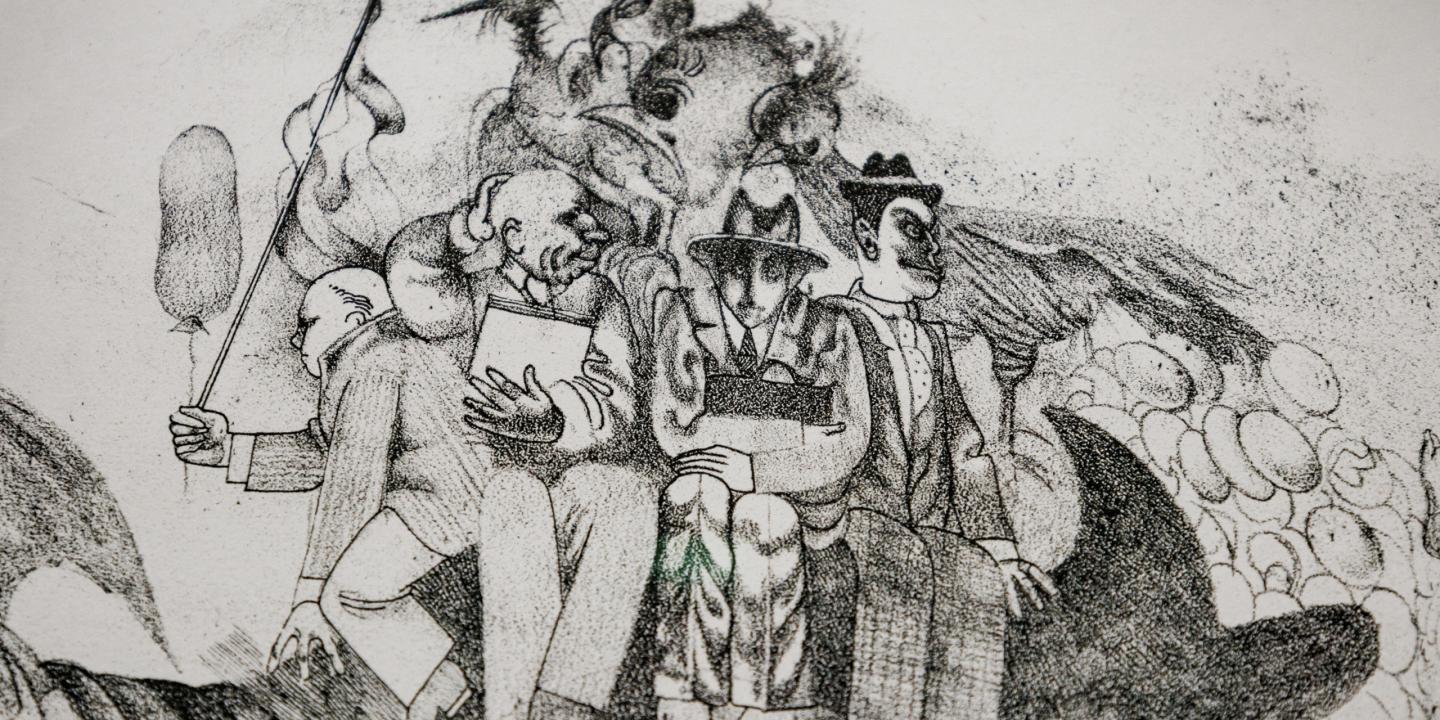 Melnbalts zīmējums ar stilizētiem tēliem – vairāki cilvēki un fantāzijas radības cieši sagrupēti, viens tur karodziņu, cits grāmatu, bet centrā redzama maskveidīga seja.