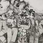 Melnbalts zīmējums ar stilizētiem tēliem – vairāki cilvēki un fantāzijas radības cieši sagrupēti, viens tur karodziņu, cits grāmatu, bet centrā redzama maskveidīga seja.