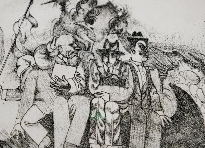 Melnbalts zīmējums ar stilizētiem tēliem – vairāki cilvēki un fantāzijas radības cieši sagrupēti, viens tur karodziņu, cits grāmatu, bet centrā redzama maskveidīga seja.