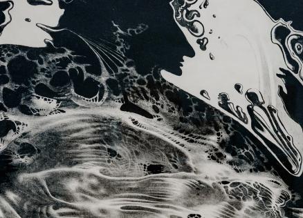 Melnbalts grafisks attēls ar abstraktām, plūstošām formām un fantāzijas radījumiem, kas veido organisku, kustībā esošu kompozīciju.