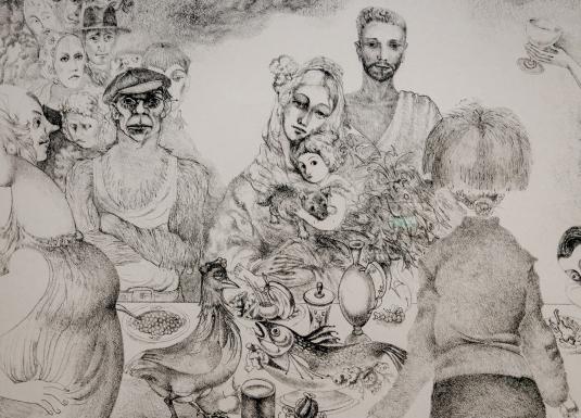 Melnbalts zīmējums ar stilizētu cilvēku grupu ap galdu ar ēdieniem, kur redzami dažādu vecumu tēli, bērns un dekoratīvi dzīvnieku motīvi.