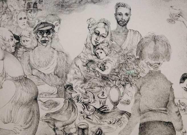 Melnbalts zīmējums ar stilizētu cilvēku grupu ap galdu ar ēdieniem, kur redzami dažādu vecumu tēli, bērns un dekoratīvi dzīvnieku motīvi.