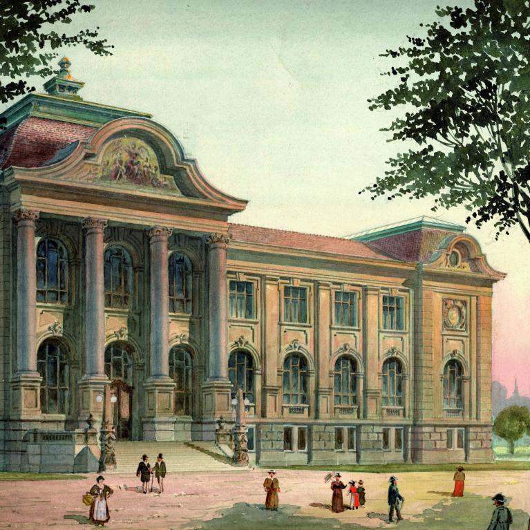 Vilhelms Neimanis (Wilhelm Neumann). Rīgas pilsētas mākslas muzeja fasādes skice. 1902. Papīrs, akvarelis. LNMM kolekcija. Publicitātes foto