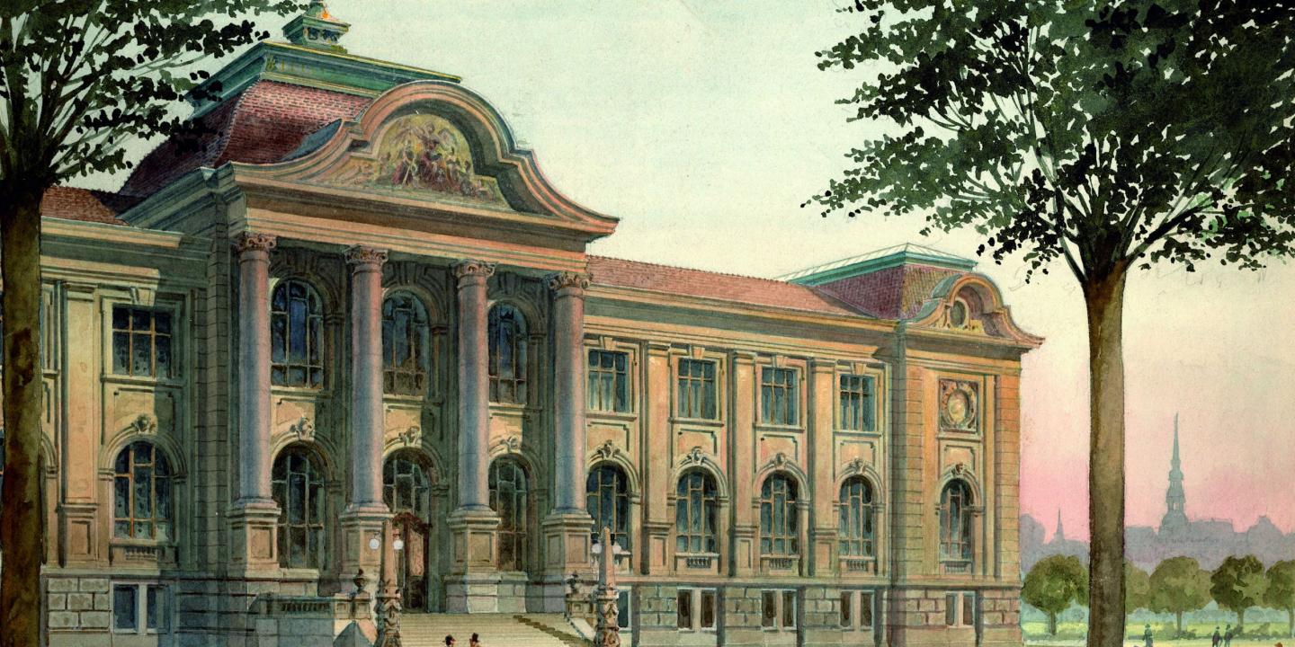 Vilhelms Neimanis (Wilhelm Neumann). Rīgas pilsētas mākslas muzeja fasādes skice. 1902. Papīrs, akvarelis. LNMM kolekcija. Publicitātes foto
