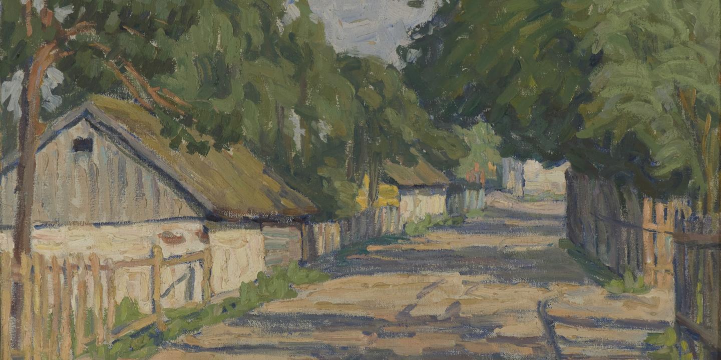 Elze &Scaron;uharte (Else Schuchardt). Ciema ieliņa. 20. gs. 10. gadi. Audekls, kartons, eļļa. LNMM kolekcija. Foto: Normunds Brasliņ&scaron;