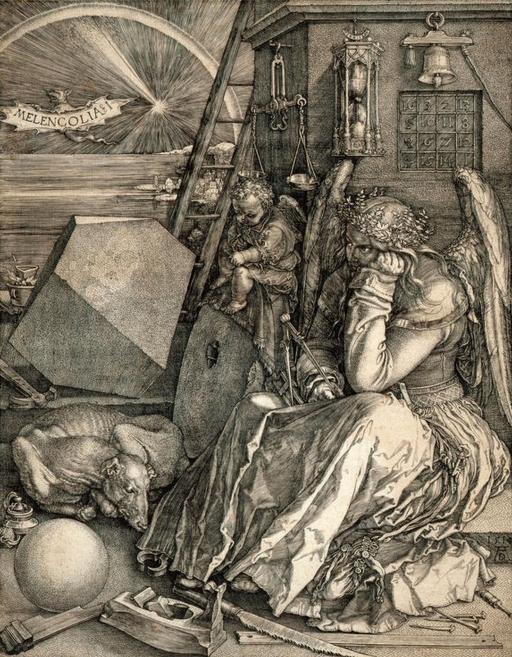 Albrehts Dīrers (Albrecht D&uuml;rer, 1481&ndash;1528). Melencolia I. 1514. Gravīra. Publicitātes foto. Ilustrācija izstādei &ldquo;Melancholia imaginativa. Tēlu īpatnības Aleksandras Beļcovas portreta žanra glezniecībā&rdquo; R. Sutas un A. Beļcovas muzejā. 2026.
