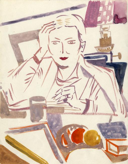 Aleksandra Beļcova. Pa&scaron;portrets. 1927&ndash;1928. Papīrs, gua&scaron;a. SBM kolekcija. Skenējums. Ilustrācija izstādei &ldquo;Melancholia imaginativa. Tēlu īpatnības Aleksandras Beļcovas portreta žanra glezniecībā&rdquo; R. Sutas un A. Beļcovas muzejā. 2026.