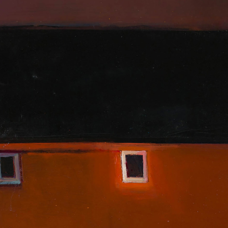 Abstract painting of a dark black roof shape above an orange-brown building facade with two small windows.