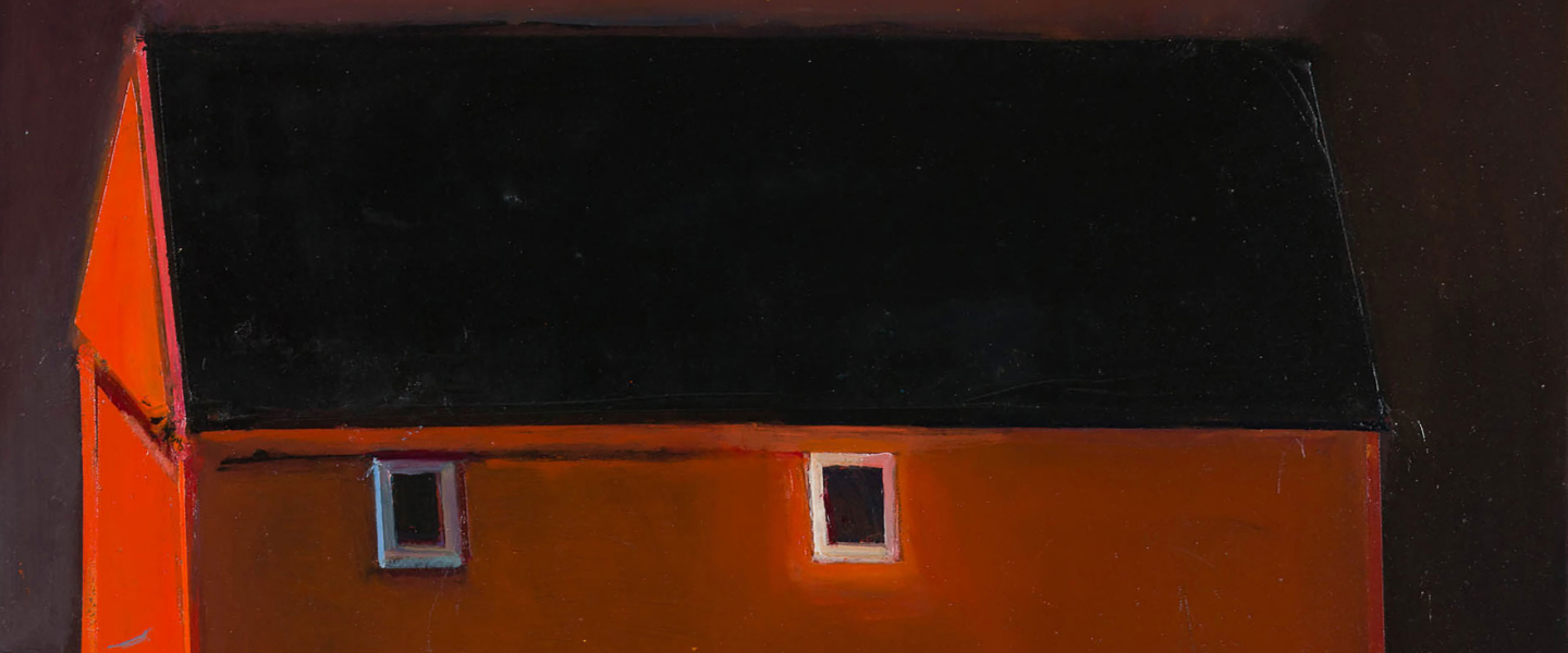 Abstract painting of a dark black roof shape above an orange-brown building facade with two small windows.