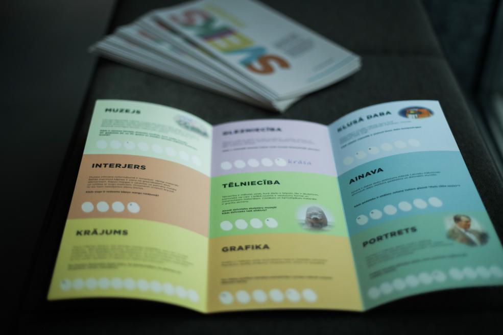 Atvērta muzeja izglītojošā bukleta “Sveiks muzejā!” lapa ar dažādām mākslas tēmām, fonā redzama bukletu kaudzīte.