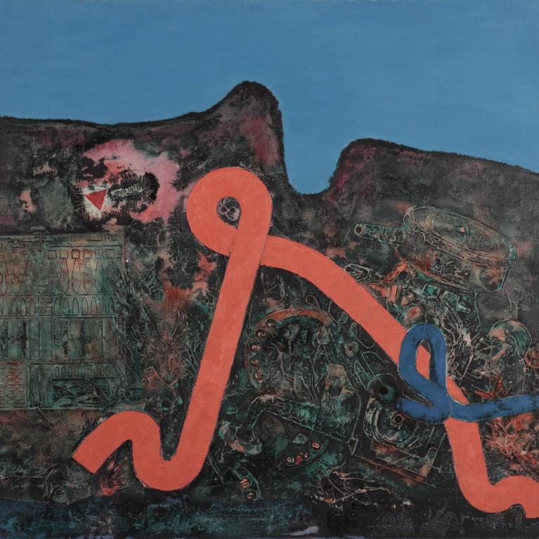 An abstract composition with a dark textured background and vivid orange and blue ribbon-like forms set against a bright blue sky.