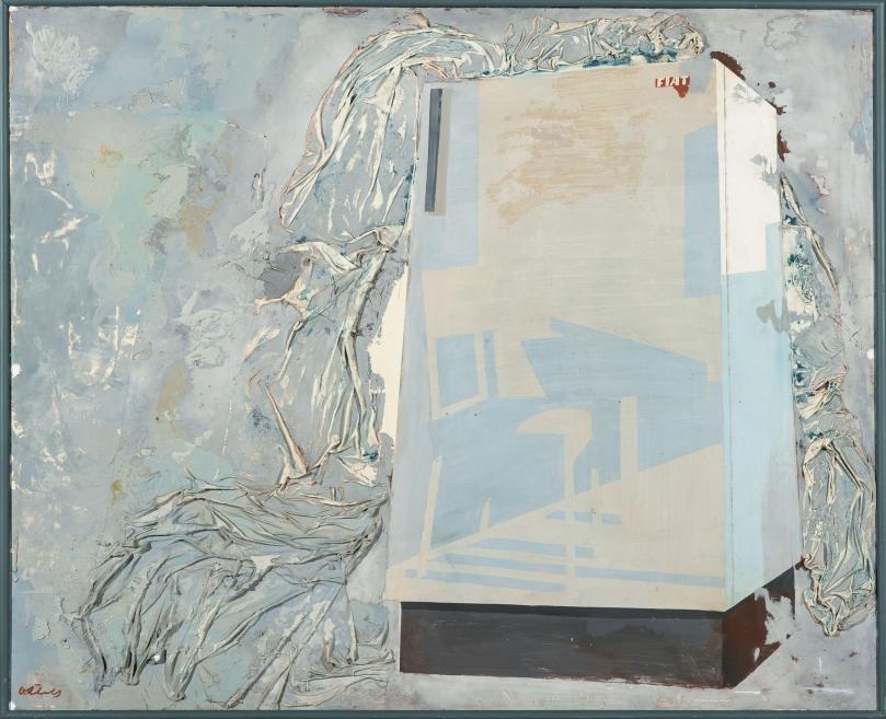 Ojārs Ābols. Still Life with Refrigerator and Veil. 1976. Cardboard, acrylic. LNMA collection. Photo: Raimo Lielbriedis.