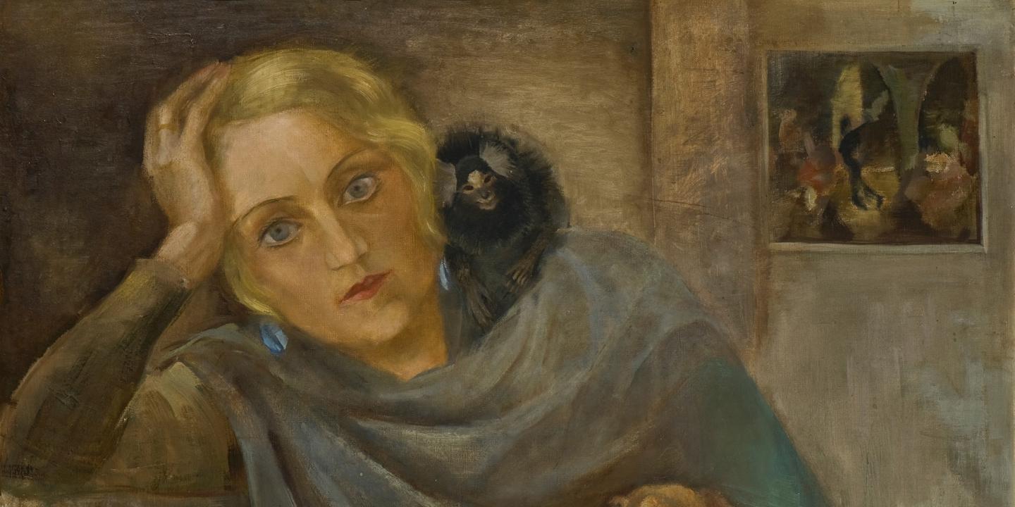 A portrait of a blonde woman resting her head on her hand with a small monkey on her shoulder, with a small painting visible in the background.