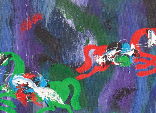 Abstract painting with expressive brushstrokes depicting horses in motion against a vivid red background.