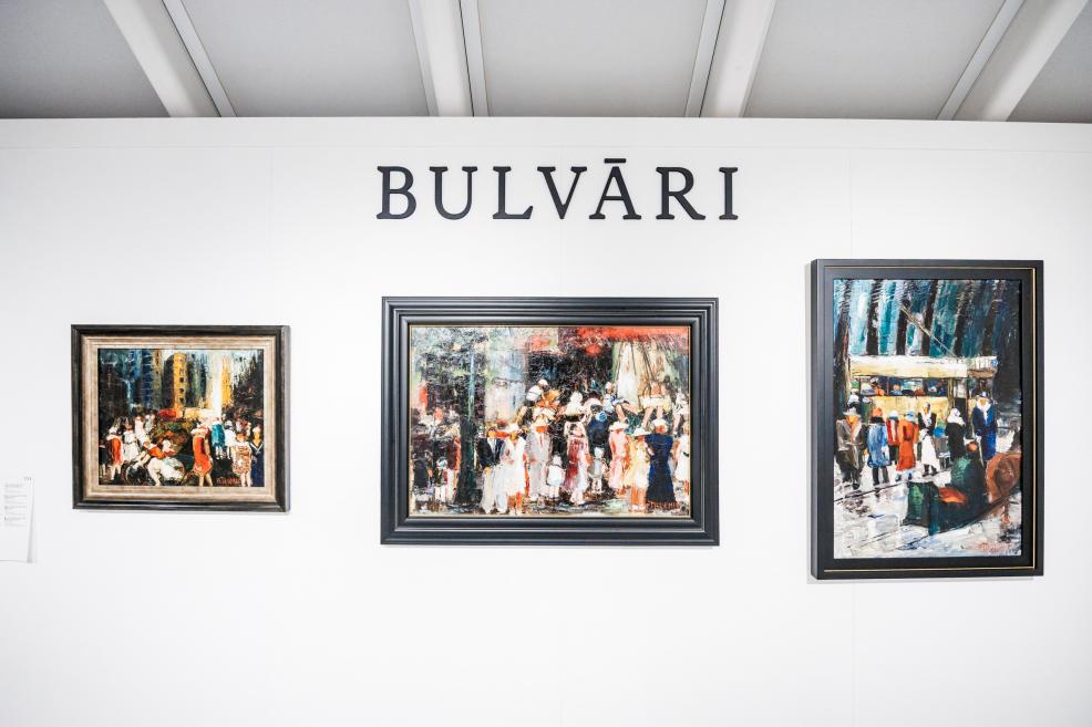 Exhibition wall titled “Bulvāri” with three paintings.