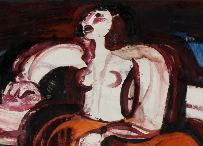 The oil painting depicts an abstract depiction of a singing woman.