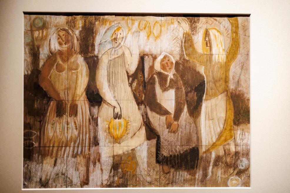 Abstract composition in brown, white and yellow tones with several stylized human-like figures.