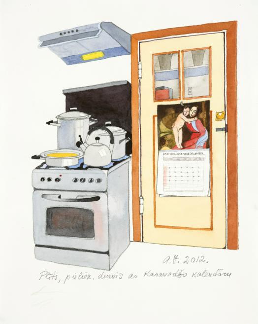 Kitchen scene with stove.