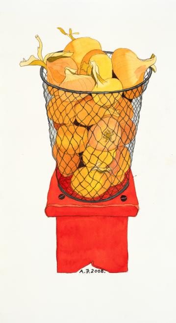 Yellow onions in a basket on a red stool.