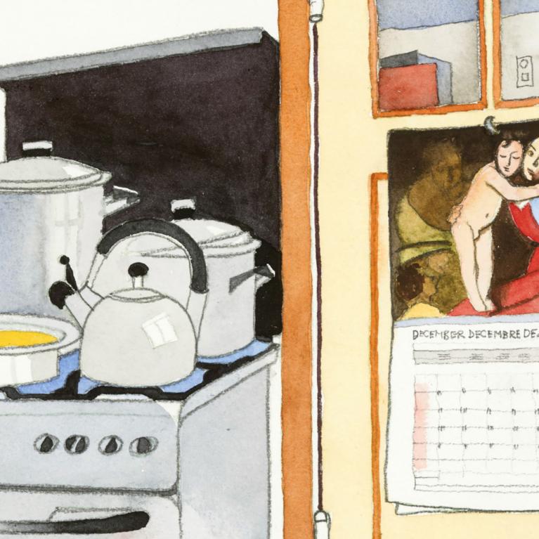 Kitchen scene with stove.