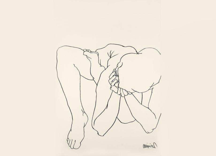Black-and-white line drawing of a nude female body fragment, showing bent legs and a hand near the face on a light background.